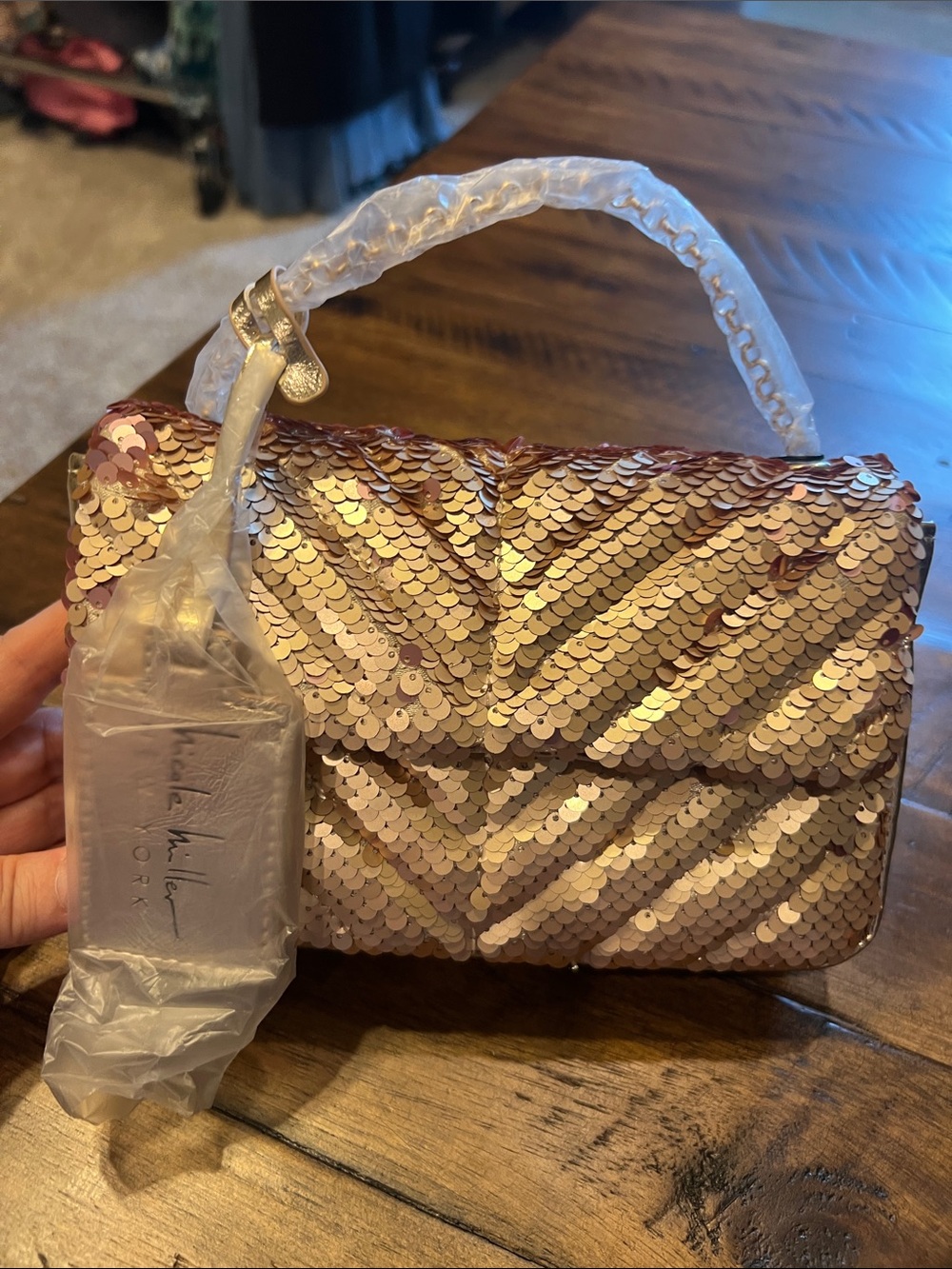 Nicole Miller Rose Gold Sequin Mini Top-Handle Bag